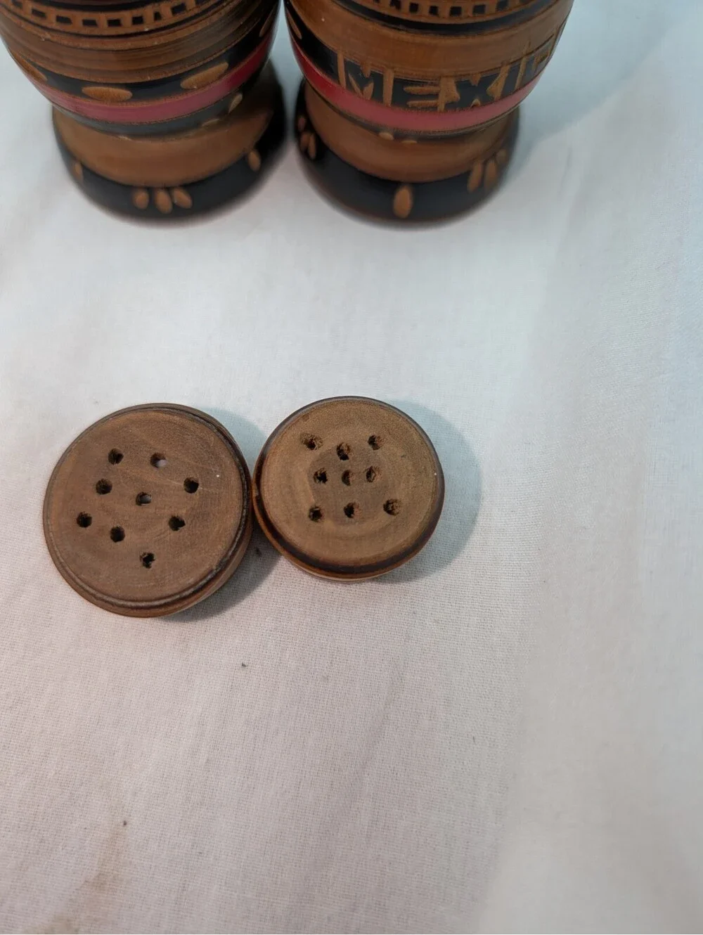 Vintage Mexico Wood Hand Carved Painted Salt & Pepper Shakers 1